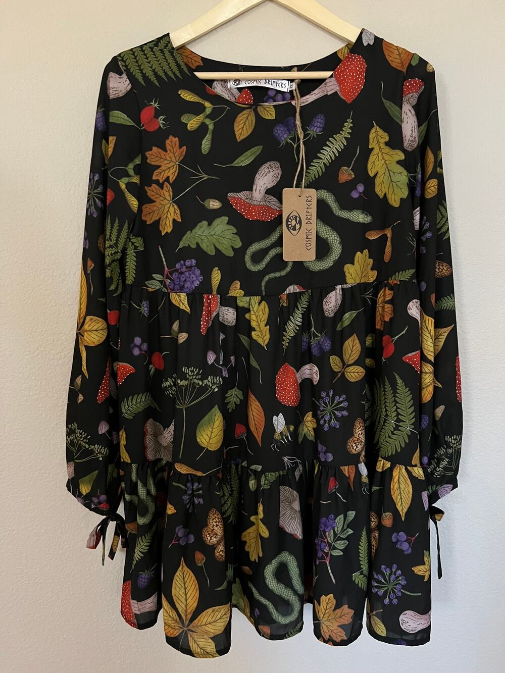 Cosmic Drifters Dress Boho Peasant Mushroom Leaf Snake Butterfly Sz 12 NWT